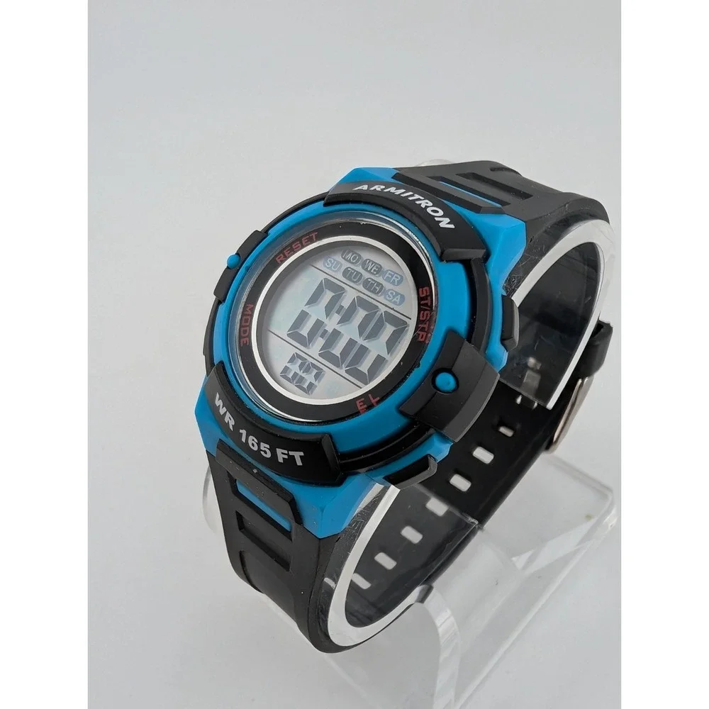 Armitron Pro Sport Digital‎ Watch Women Blue Case Black Band 45/7110 New Battery